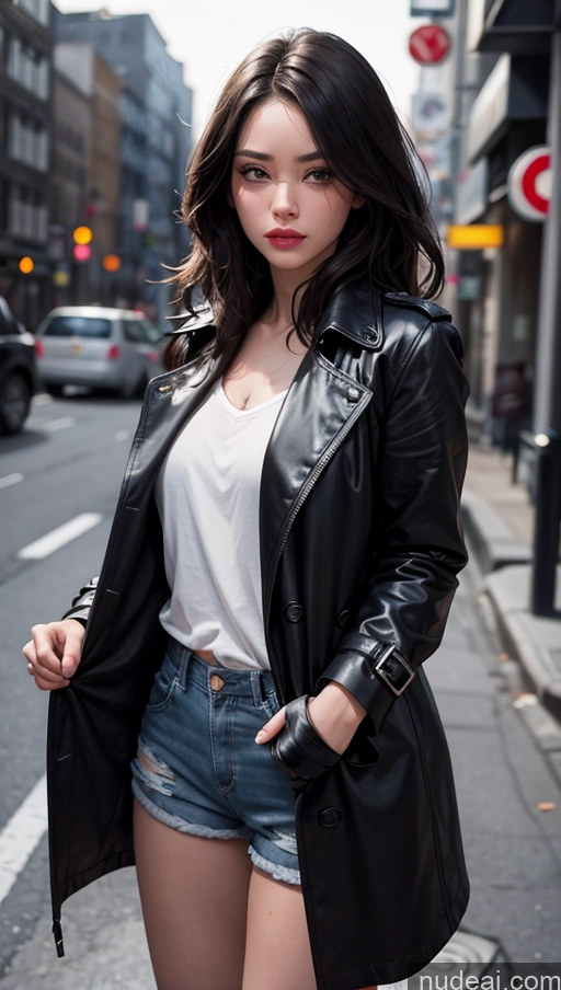 related ai porn images free for Close-up View Japanese Dark Lighting Sad Pouting Lips Street Trench Coat Short Shorts