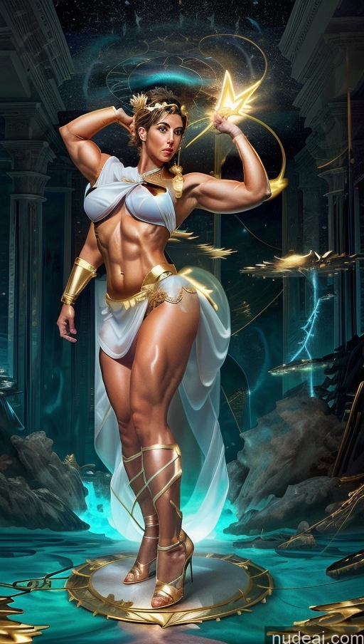 related ai porn images free for Several Powering Up Bodybuilder Muscular Abs Huge Boobs Menstoga, White Robes, In White And Gold Costumem, Gold Headpiece, Gold Belt, Gold Chain Futuristic Dynamic View Surrealist