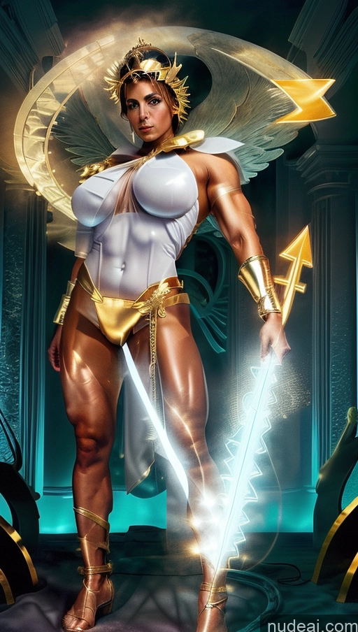related ai porn images free for Several Powering Up Bodybuilder Muscular Abs Huge Boobs Menstoga, White Robes, In White And Gold Costumem, Gold Headpiece, Gold Belt, Gold Chain Futuristic Dynamic View Surrealist