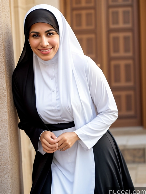 related ai porn images free for Woman Busty Short Skinny 30s Happy Black Hair Hair Bun Arabic Front View Dress Long Skirt Niqab Nun