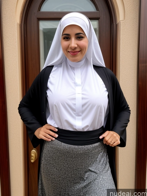 related ai porn images free for Woman Busty Short Skinny 30s Happy Black Hair Hair Bun Arabic Front View Dress Long Skirt Niqab Nun