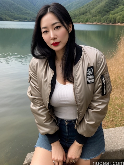 related ai porn images free for Woman One Perfect Boobs Beautiful Lipstick Fairer Skin 30s Black Hair Slicked Korean Close-up View Lake Detailed Boots Bomber