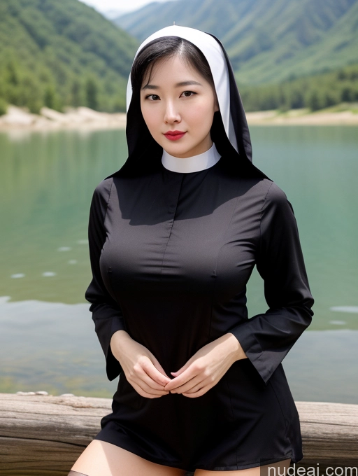 related ai porn images free for Woman One Perfect Boobs Beautiful Lipstick Fairer Skin 30s Black Hair Slicked Korean Close-up View Lake Detailed High Socks Nun