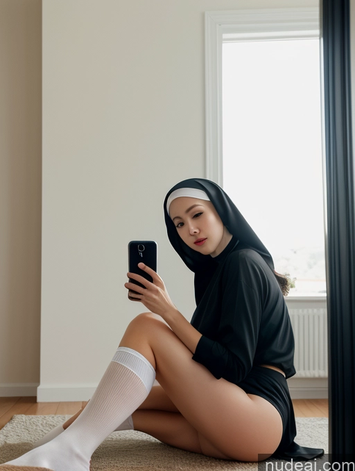 related ai porn images free for Woman One Perfect Boobs Beautiful Lipstick Fairer Skin 30s Black Hair Slicked Korean Close-up View Lake Detailed High Socks Nun Mirror Selfie Long Legs