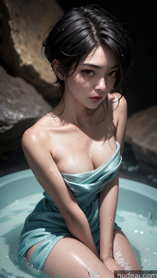 related ai porn images free for Close-up View Pixie Black Hair Towel Satin Transparent Japanese Cave Dark Lighting Sad Bathing