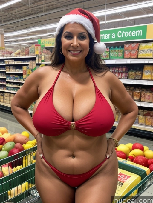 related ai porn images free for Milf One Busty Huge Boobs Thick Tanned Skin Microkini Thong Front View 70s Indian Santa Grocery