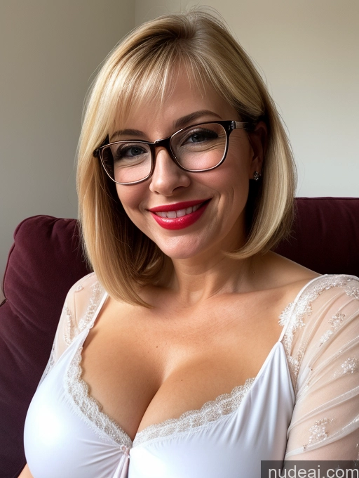 related ai porn images free for 50s Czech Happy Blonde Bobcut Couch Close-up View Nightgown Transparent Detailed Huge Boobs Lipstick Glasses