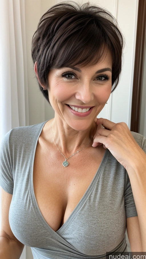 related ai porn images free for Milf One Skinny Perfect Body Happy Black Hair Pixie Detailed Close-up View Cleavage Shirt
