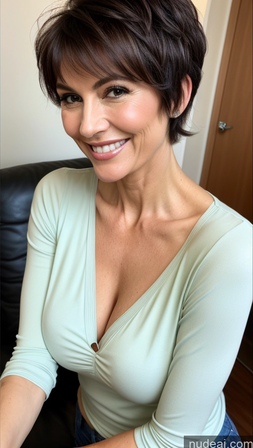 related ai porn images free for Milf One Skinny Perfect Body Happy Black Hair Pixie Detailed Close-up View Cleavage Shirt