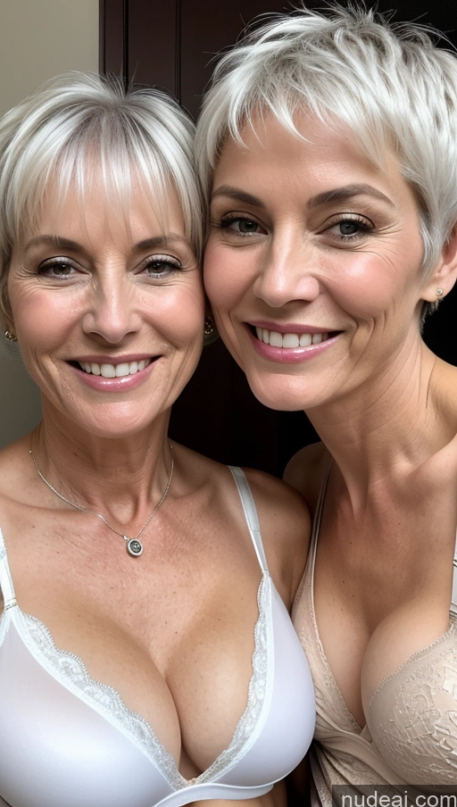 related ai porn images free for Milf Skinny Perfect Body Close-up View Cleavage Detailed Happy Two Shirt Bra Pixie White Hair