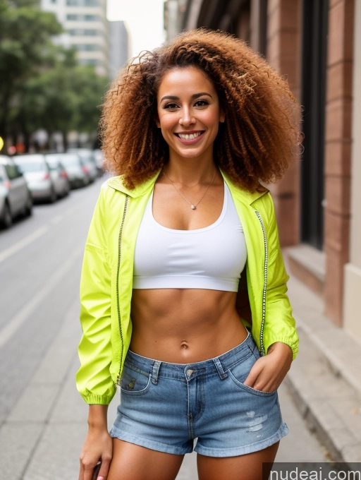 related ai porn images free for Woman Beautiful Abs Muscular 20s Happy Brazilian Front View Casual Crop Top Short Shorts Curly Hair Ginger Street Jacket