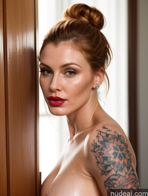related ai porn images free for Woman Perfect Boobs Beautiful Lipstick Tattoos Perfect Body Fairer Skin 30s Pouting Lips Hair Bun Nude Oiled Body Ginger Jumping