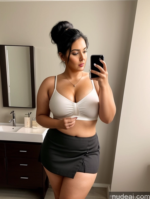 related ai porn images free for Woman One Chubby 30s Seductive Black Hair Hair Bun Indian Mirror Selfie Bathroom Mini Skirt