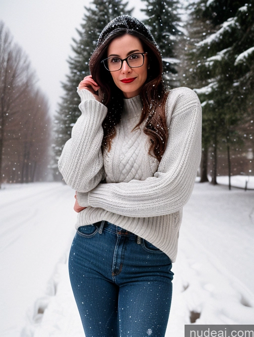 related ai porn images free for Woman Glasses Tattoos 50s Brunette Long Hair Italian Front View 90s Snow Sweater Jeans High Heels