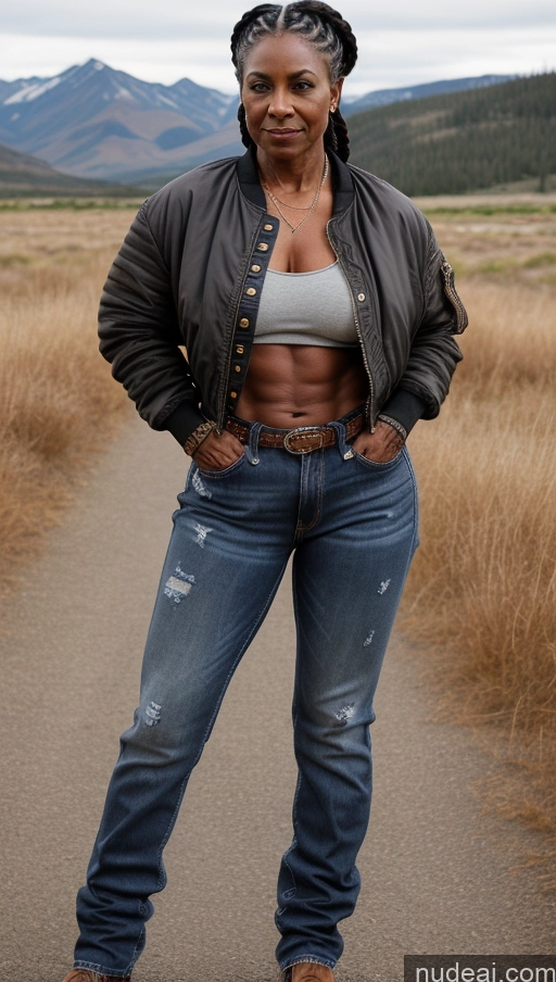 related ai porn images free for Muscular Abs Dark Skin Milf Thick Big Hips Braided Black Hair Jeans Tattoos 60s Bomber Front View Lumberjack Western