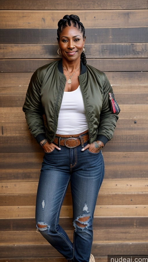 related ai porn images free for Muscular Abs Dark Skin Milf Thick Big Hips Braided Black Hair Jeans Tattoos 60s Bomber Front View Lumberjack Western Traditional Military