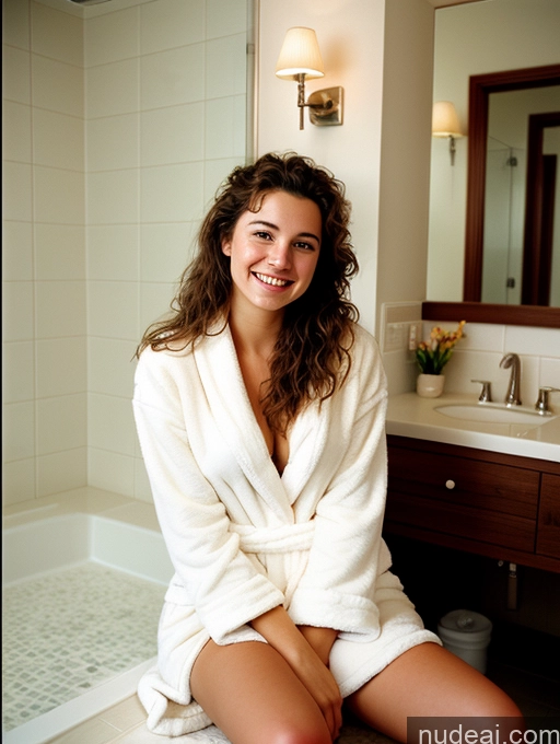 related ai porn images free for Woman One Beautiful Brunette British Film Photo Front View Bright Lighting 18 Messy Happy Bathroom Bathrobe