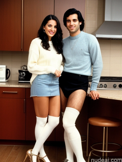 related ai porn images free for Woman + Man 20s Black Hair Long Hair Italian Kitchen Front View 80s Sweater Stockings Jeans High Socks High Heels