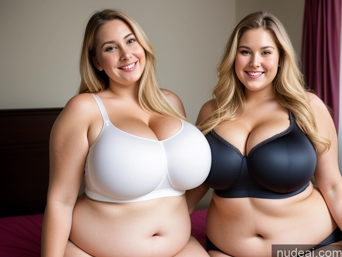 related ai porn images free for Woman Two Busty Huge Boobs Big Ass Thick Chubby Fat Big Hips 20s Happy Blonde White Spreading Legs Bra Satin Spandex Bedroom Front View