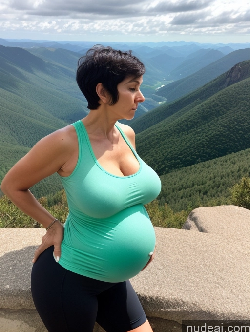 related ai porn images free for Milf Two Huge Boobs Big Hips Pregnant Short 50s Serious Black Hair Short Hair White Mountains Spandex Tank Top Bending Over Side View