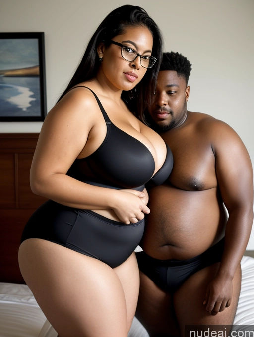 related ai porn images free for Huge Boobs Big Ass Fat Chubby Thick Dark Skin Seductive Black Hair Braided Black Surrealist Bedroom Bending Over Push-up Bra Short Shorts Cleavage Detailed Front View Big Hips Glasses Woman + Man
