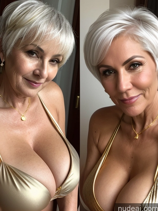 related ai porn images free for Milf Huge Boobs 70s Sexy Face White Hair Pixie Microkini Cleavage Gold Jewelry Detailed Two Close-up View