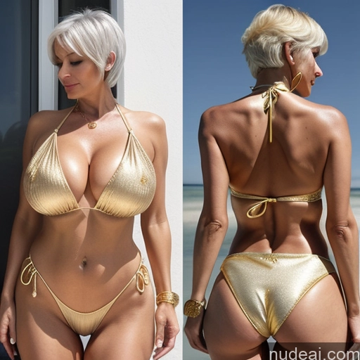 related ai porn images free for Milf Huge Boobs 70s Sexy Face White Hair Pixie Microkini Cleavage Gold Jewelry Detailed Two Back View