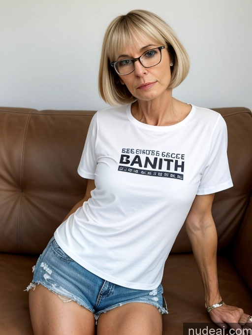 related ai porn images free for Short Glasses Serious Blonde Bobcut Czech Short Shorts Shirt Boots 60s Couch
