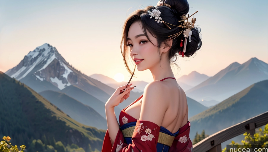 related ai porn images free for Beautiful Brunette 18 Woman Perfect Body Happy Detailed Geisha Hair Bun Asian Mountains Back View