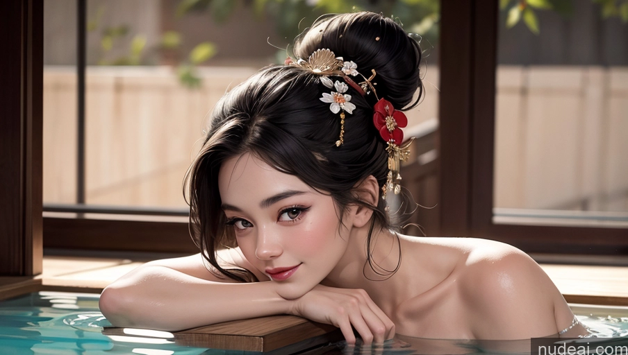 related ai porn images free for Beautiful Brunette 18 Woman Perfect Body Happy Detailed Geisha Hair Bun Asian Onsen Front View