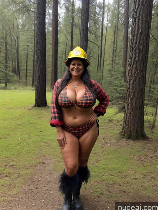 ai nude image of araffe woman in a plaid shirt and a hat posing in the woods pics of One Busty Huge Boobs Thick Tanned Skin 60s Laughing Native American Front View Microkini Lumberjack Witch Firefighter