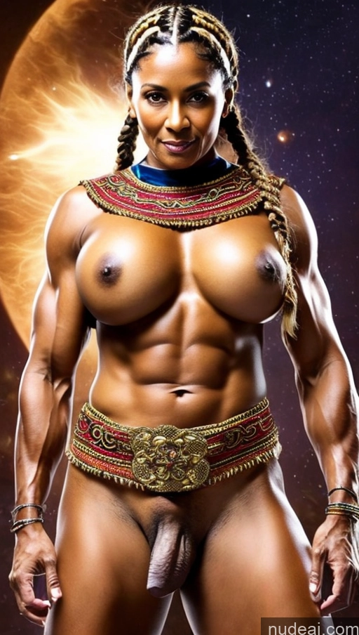 related ai porn images free for Powering Up Abs Muscular Dark Skin Milf Trans Girl With Erect Penis Braided Detailed Pubic Hair Roman Traditional Tribal Ethiopian 80s