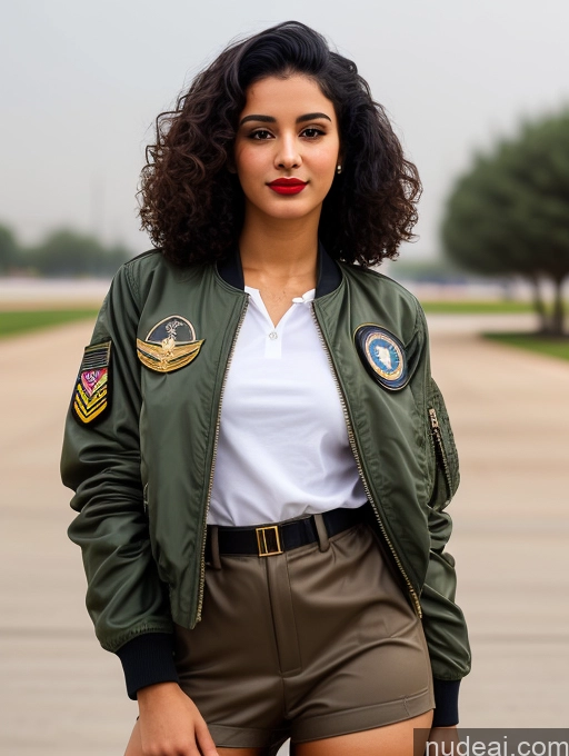 related ai porn images free for Woman One Lipstick Beautiful Perfect Body Black Hair Curly Hair Arabic Street Front View Pilot Military Bomber Detailed 18