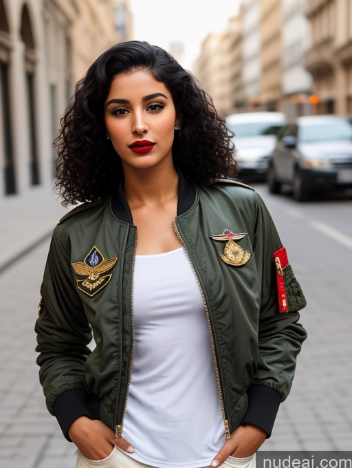 related ai porn images free for Woman One Lipstick Beautiful Perfect Body Black Hair Curly Hair Arabic Street Front View Pilot Military Bomber Detailed 18