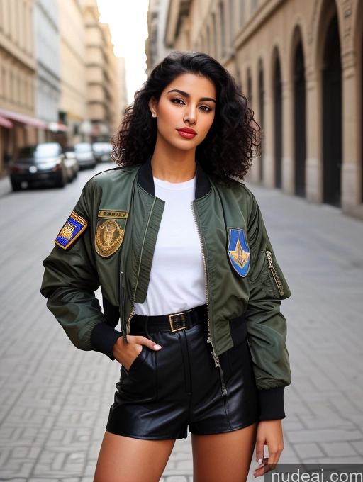 related ai porn images free for Woman One Lipstick Beautiful Perfect Body Black Hair Curly Hair Arabic Street Front View Pilot Military Bomber Detailed 18