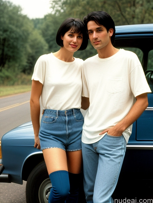 related ai porn images free for Woman + Man 30s Black Hair Short Hair Italian Car Front View Shirt Jeans Stockings Boots 90s