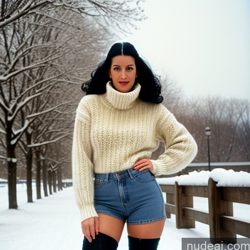 related ai porn images free for Woman Gold Jewelry 30s Black Hair Long Hair Italian Vintage Snow Front View 80s Sweater Jeans Stockings Thong Boots