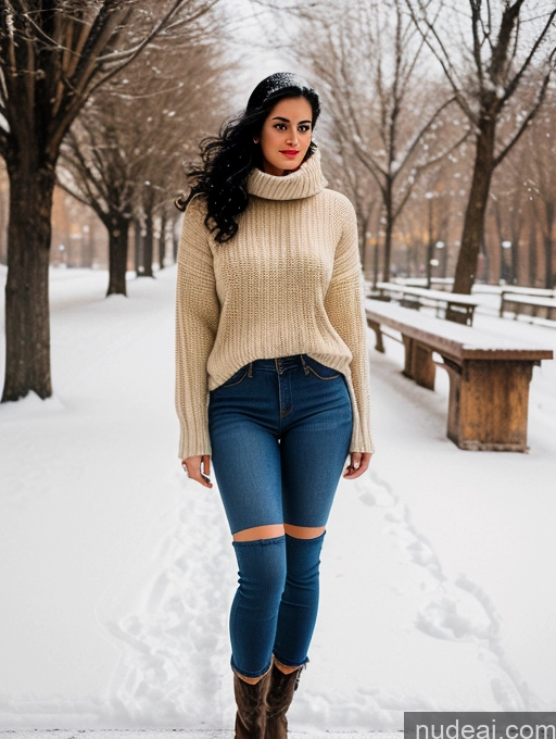 related ai porn images free for Woman Gold Jewelry 30s Black Hair Long Hair Italian Vintage Snow Front View 80s Sweater Jeans Stockings Thong Boots