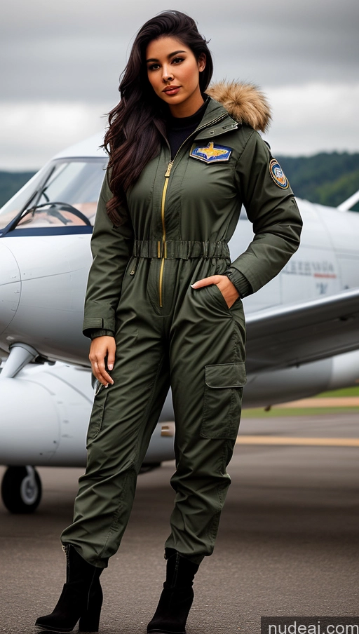 related ai porn images free for Woman One Busty Beautiful Perfect Body 18 Seductive Sexy Face Black Hair Brazilian Front View Pilot Jumpsuit Detailed Parka Boots