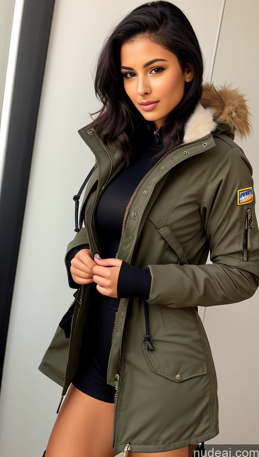 related ai porn images free for Woman One Busty Beautiful Perfect Body 18 Seductive Sexy Face Black Hair Brazilian Front View Pilot Jumpsuit Detailed Parka Boots