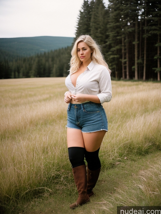 related ai porn images free for Woman Small Tits Big Ass Fat Big Hips Fairer Skin 30s Blonde Messy White Film Photo Lumberjack Cleavage Dark Lighting Detailed Boots High Socks Shirt Full Frontal Short Shorts Meadow
