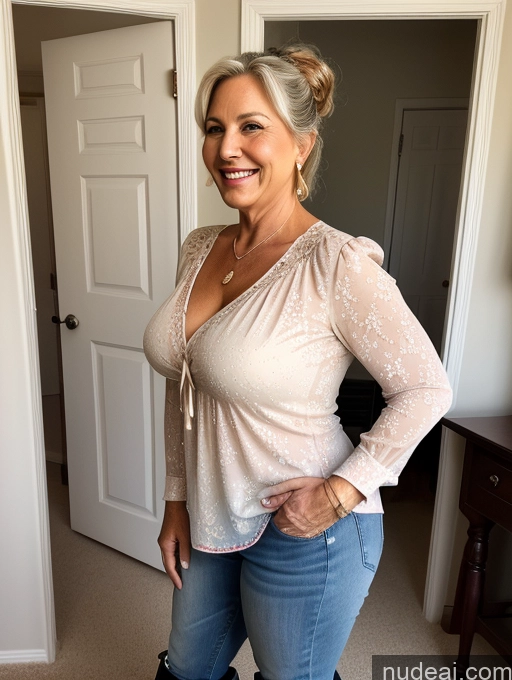 related ai porn images free for Short Big Hips Milf Side View Chubby Hair Bun Happy 70s Blouse Jeans Boots Cleavage