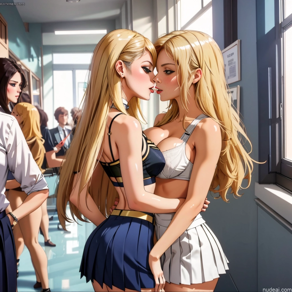 ai nude image of pics of School Hallway School Uniform, Cleavage Cutout, Clothing Cutout, Pleated Skirt, Thighhighs Girl, Woman White Kisses Detailed 18 Small Tits Skinny Small Ass Two Blonde