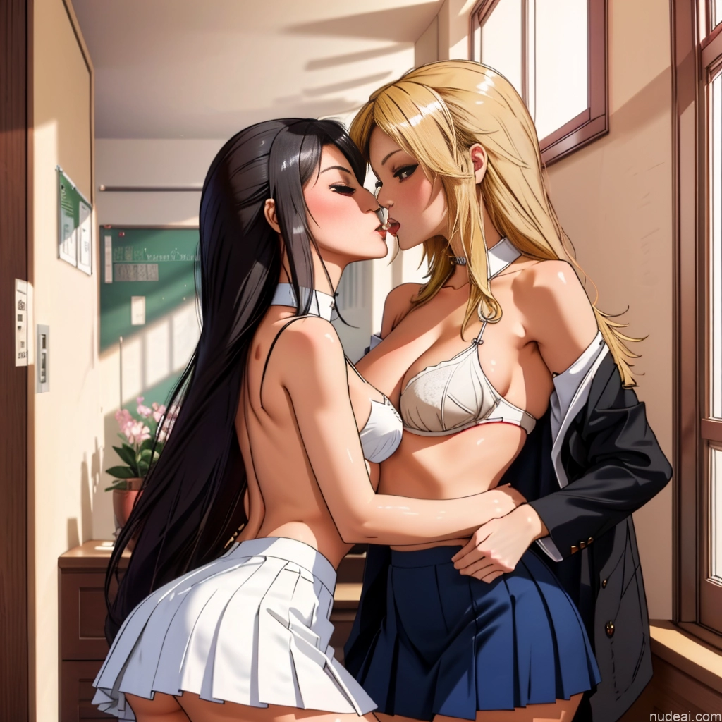 School Hallway School Uniform, Cleavage Cutout, Clothing Cutout, Pleated Skirt, Thighhighs Girl, Woman White Kisses Detailed 18 Small Tits Skinny Small Ass Two Blonde