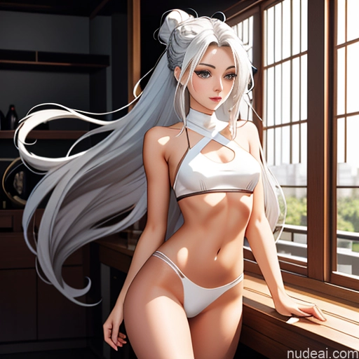 Woman Skinny Fairer Skin Long Hair 18 Nude Topless Warm Anime Stockings Partially Nude Transparent One Shocked Changing Room Hair Bun White Hair Sports Bra Asian Tall Small Tits