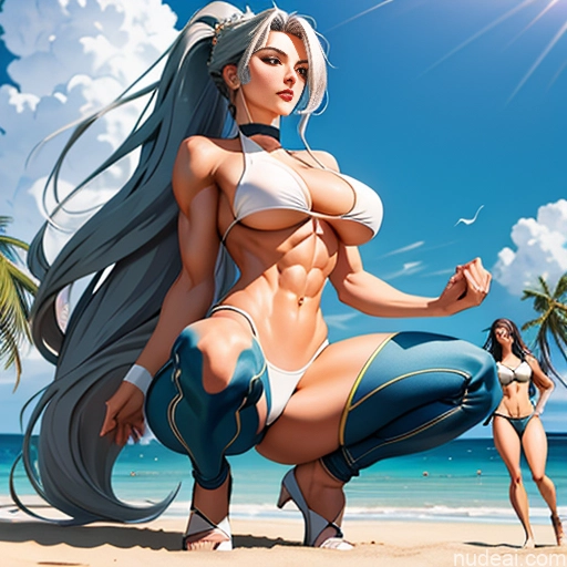 Woman Milf Two Huge Boobs Big Ass Abs Big Hips Long Legs Long Hair 20s 30s Orgasm Seductive Green Hair Bangs Spanish White Soft Anime Squatting Spreading Legs Front View Nude Beach Volleyball Topless Bright Lighting