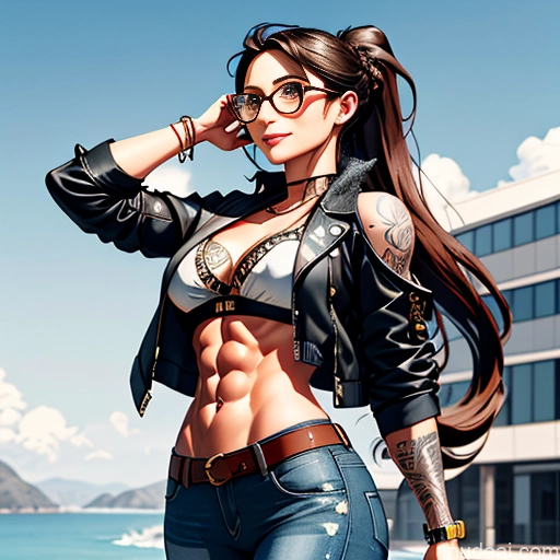 Soft Anime Short Long Hair Brunette 20s Medieval Steampunk Shirt Jeans Jacket Gloves Gold Jewelry Glasses Tattoos Abs Bar Happy Front View