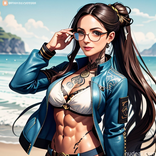 Soft Anime Short Long Hair Brunette 20s Medieval Steampunk Shirt Jeans Jacket Gloves Gold Jewelry Glasses Tattoos Abs Happy Front View Sauna