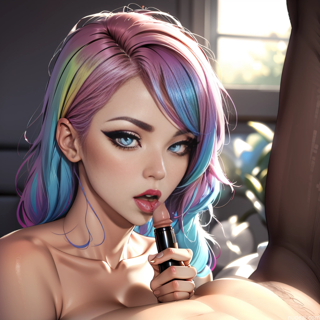 Rainbow Haired Girl Two French Braids Licking Oral