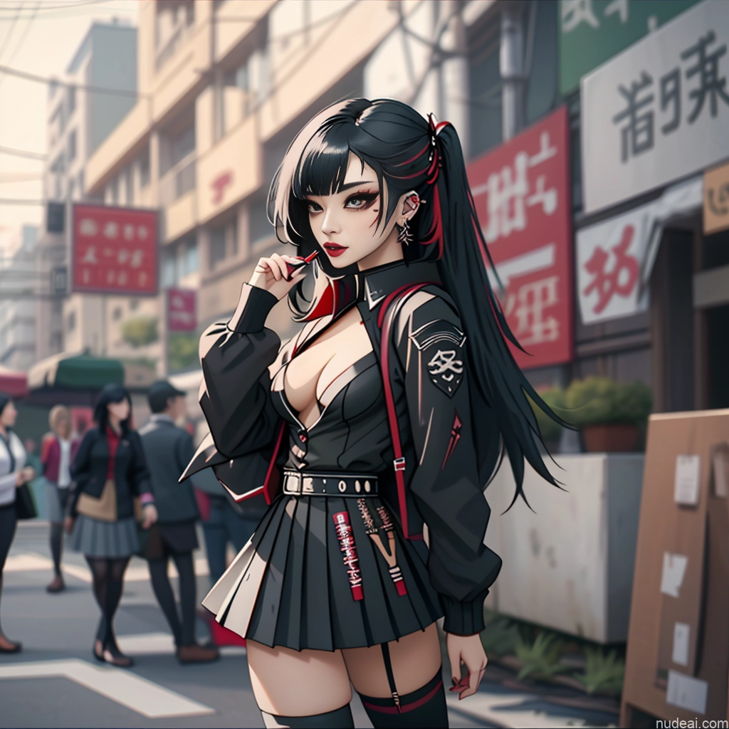 Asian School Uniform, Cleavage Cutout, Clothing Cutout, Pleated Skirt, Thighhighs Perfect Boobs Beautiful Lipstick Small Ass Gothic Punk Girl